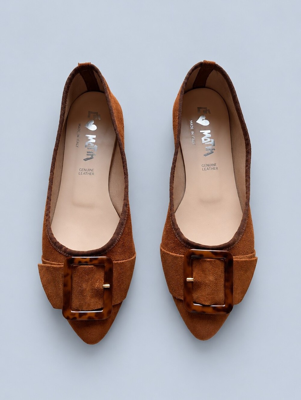 Le Matin Brown Suede Pointed Toe Ballet Flats EU 39 Tortoise Buckle (Italy)